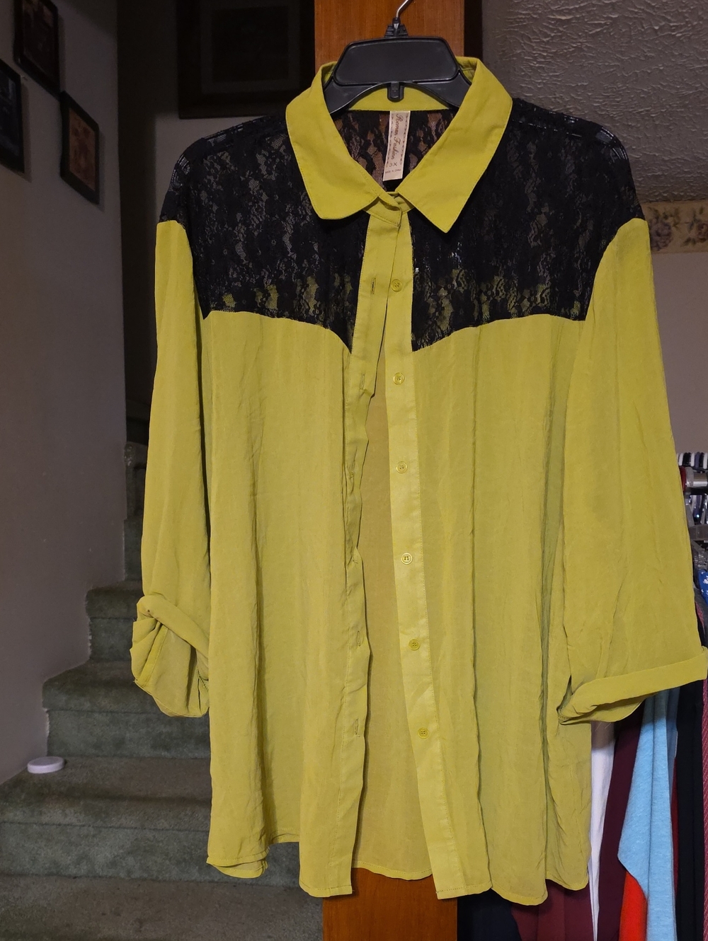 Black Lace Yoke Button-Down Blouse in Chartreuse